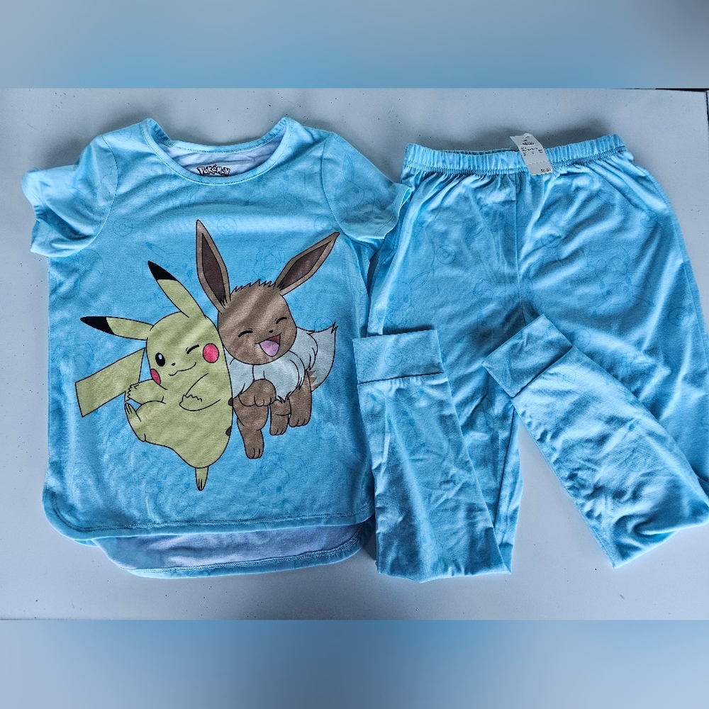 NWT Girls' Pokemon Pikachu and Eevee T-shirt & Pants Pajama Set - Medium(8)
